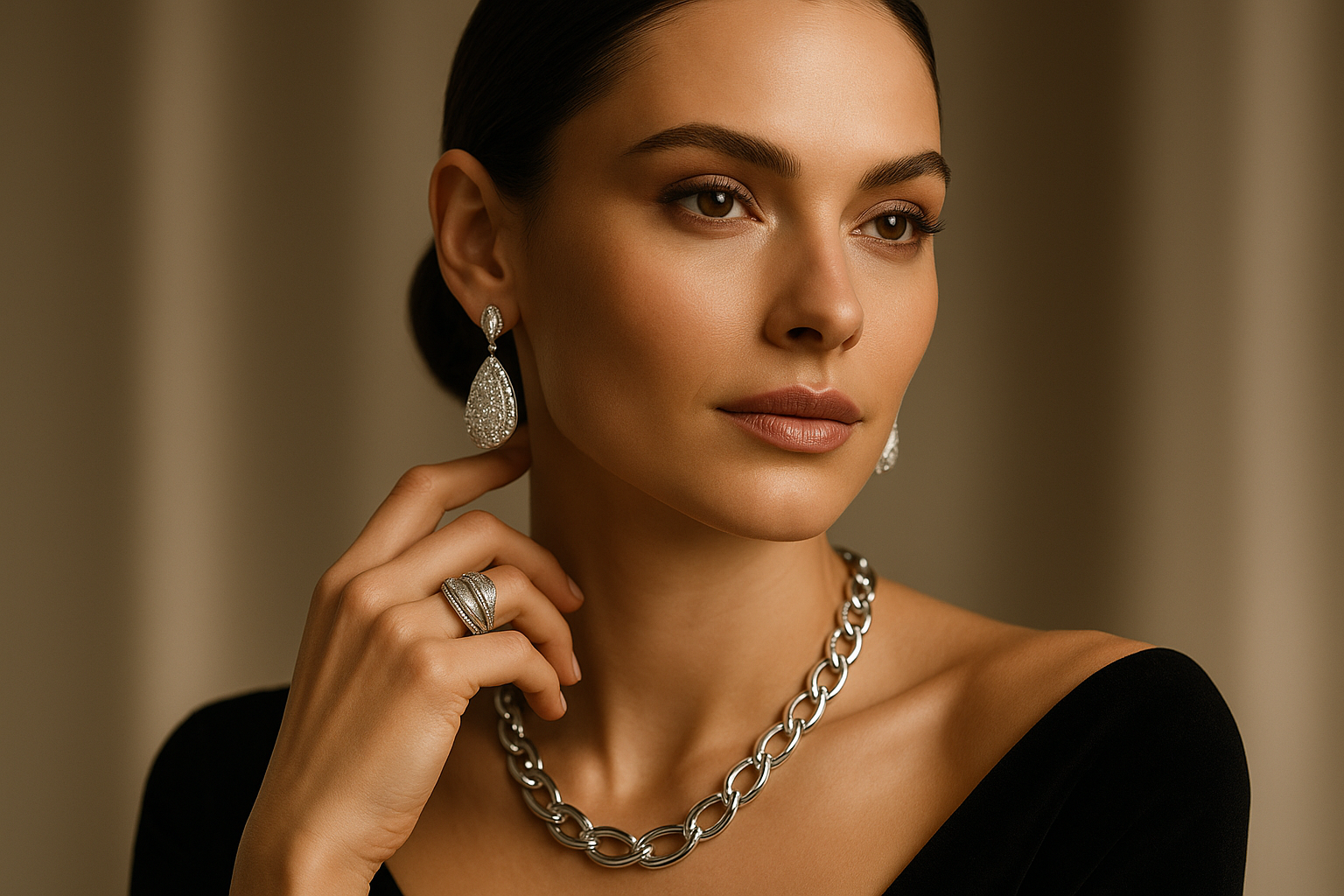 quiero una imagen donde se muestre una persona con una joya en plata, esta imagen debe ser atractiva, que enganche al comprador y lo atraiga a revisar y comprar los productos de la tienda